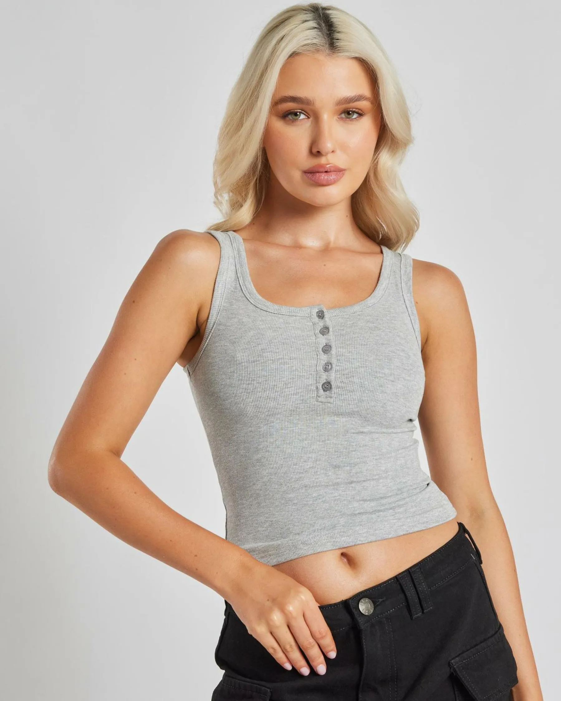 New Basic Fine Rib Henley Tank Top Women Tops