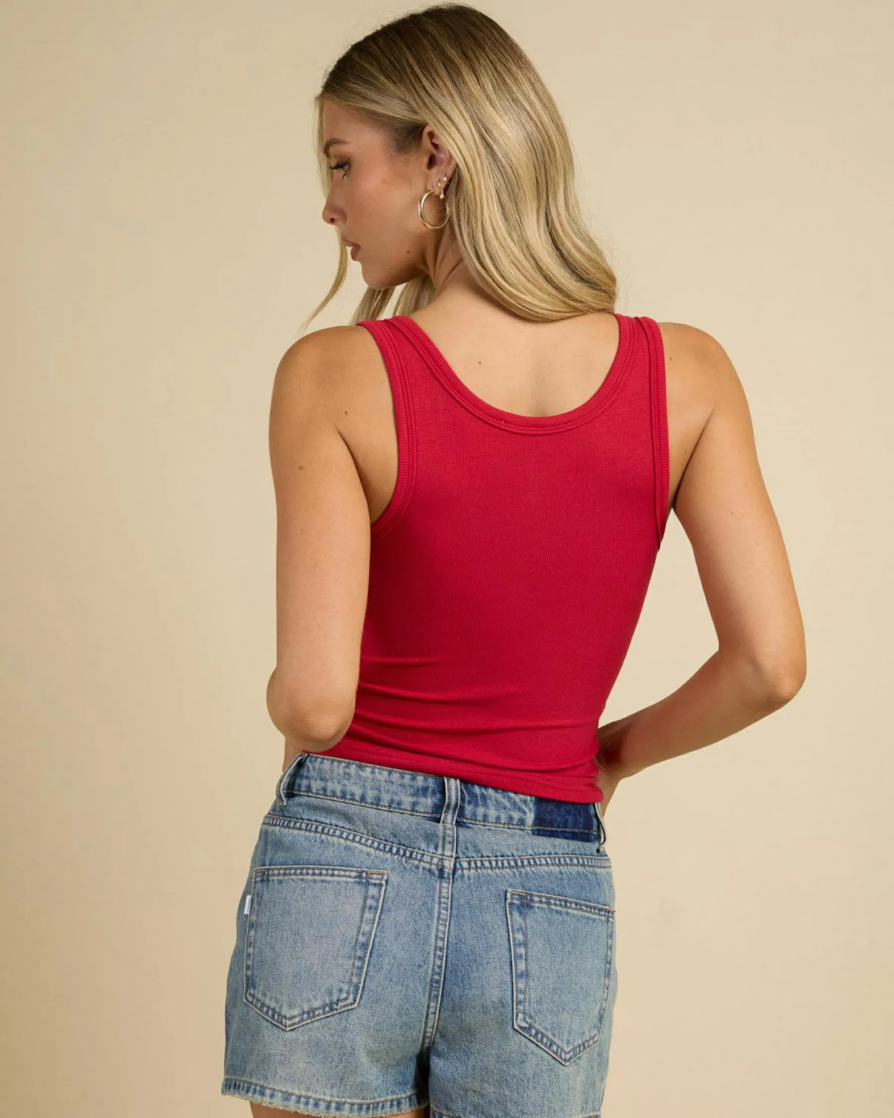 Tops*Ava And Ever Basic Fine Rib Henley Tank Top Berry