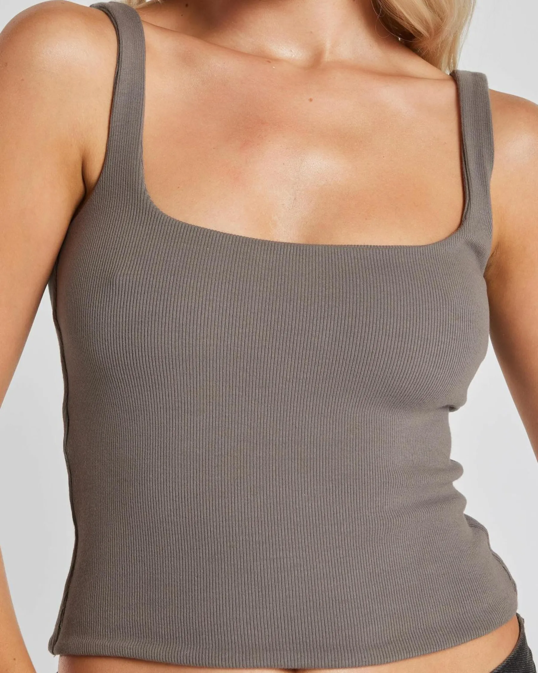 Tops*Mooloola Basic Square Neck Rib Tank Top Charcoal