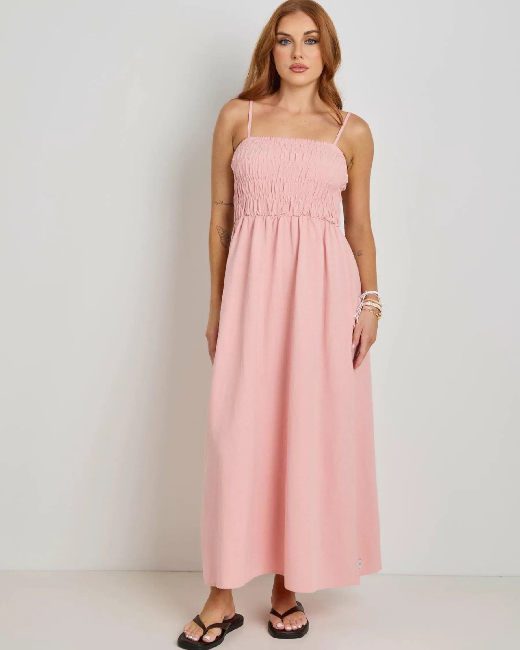Linen Blend|Dresses*Rhythm Classic Shirred Midi Dress Rose