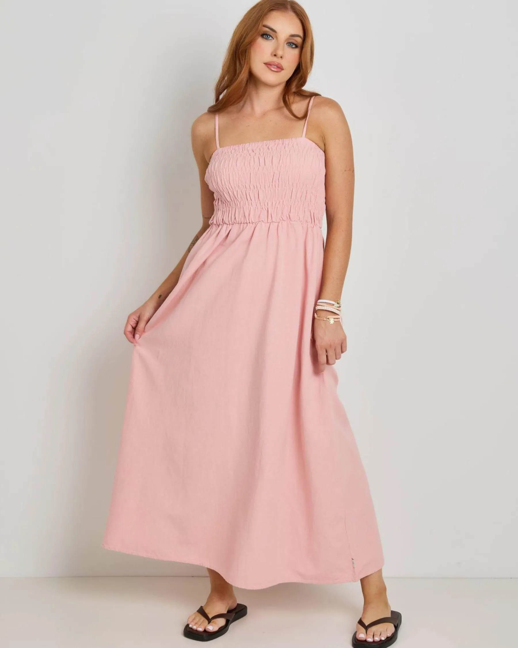 Linen Blend|Dresses*Rhythm Classic Shirred Midi Dress Rose