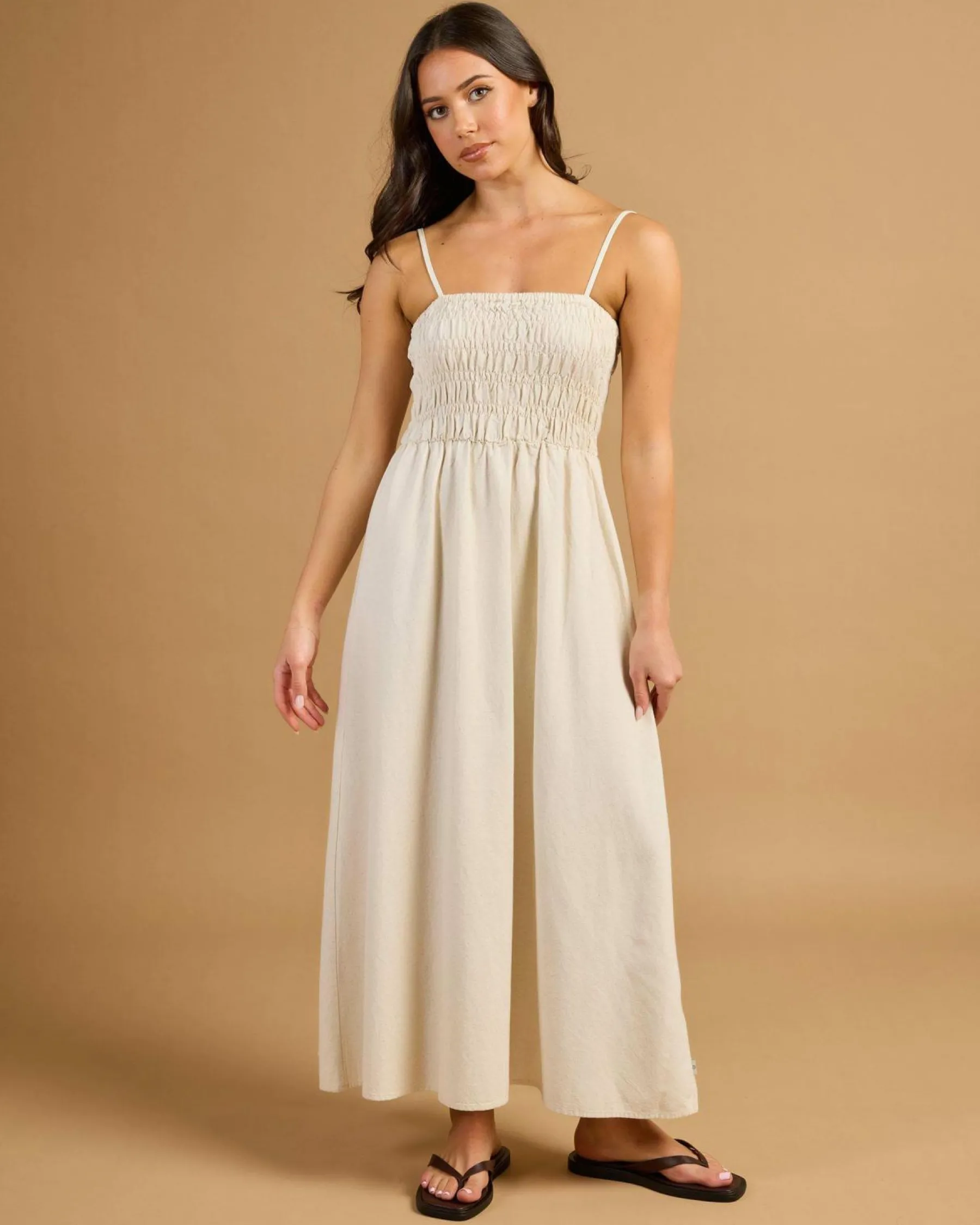 Linen Blend|Dresses*Rhythm Classic Shirred Midi Dress Oat