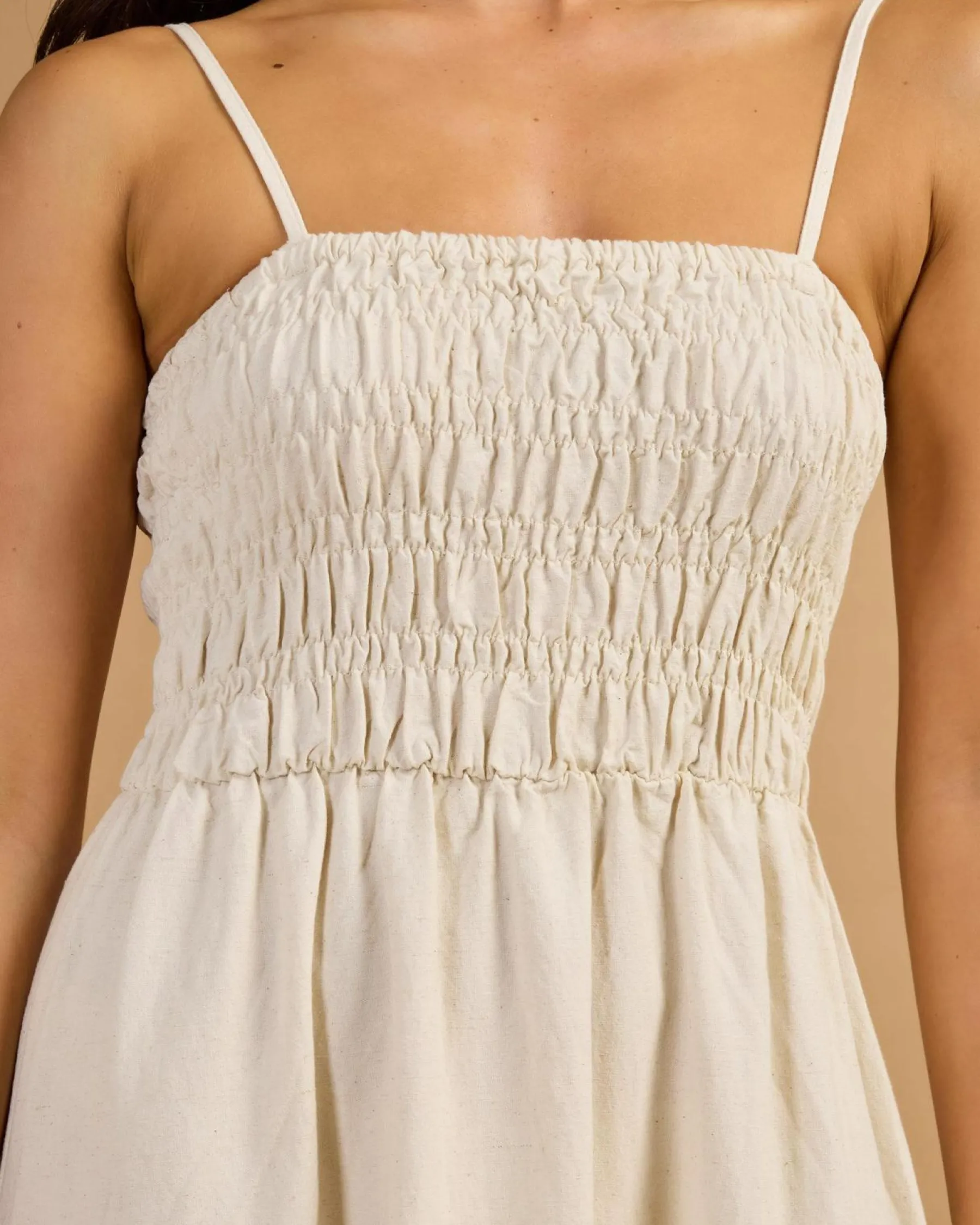Linen Blend|Dresses*Rhythm Classic Shirred Midi Dress Oat