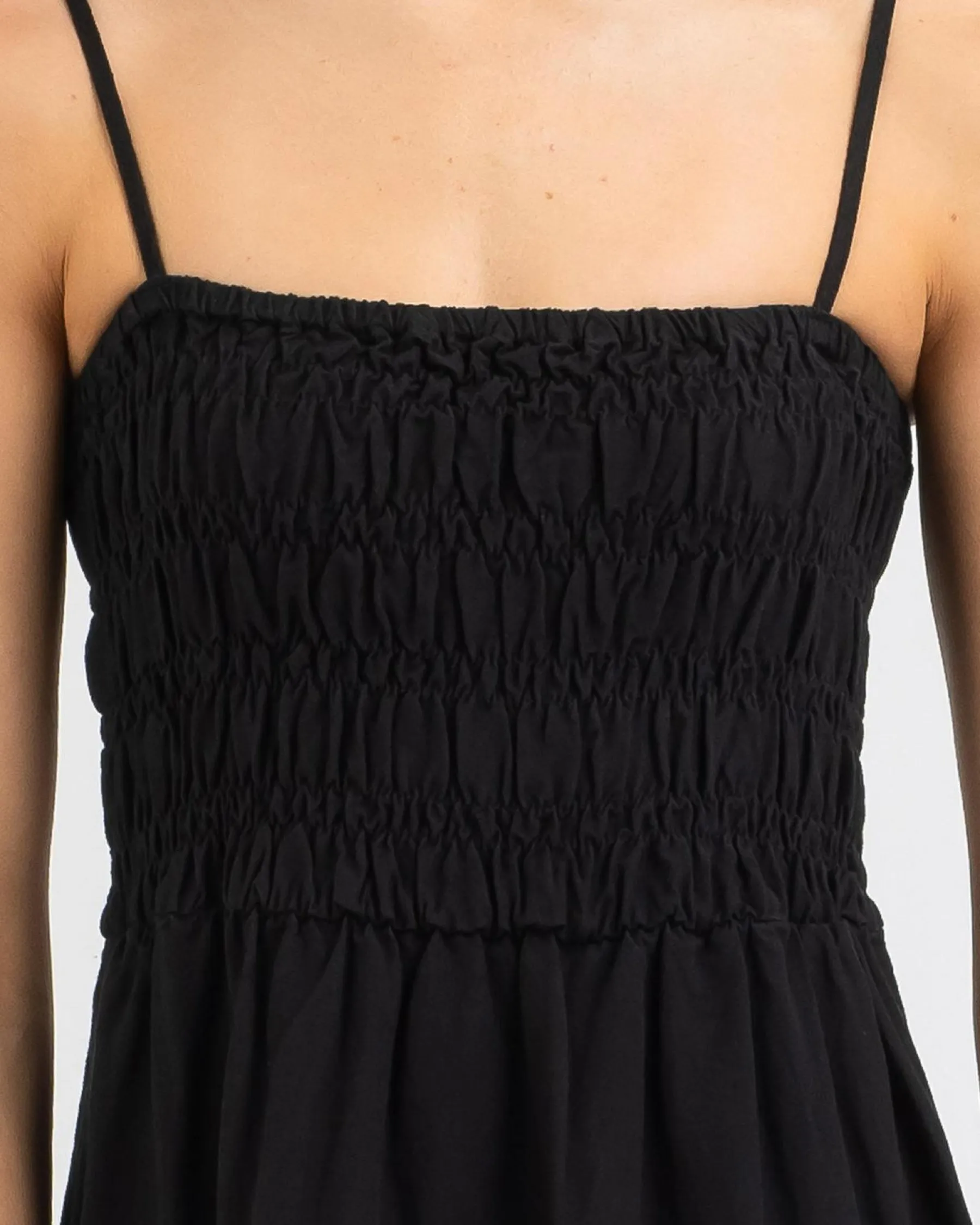 Linen Blend|Dresses*Rhythm Classic Shirred Midi Dress Black
