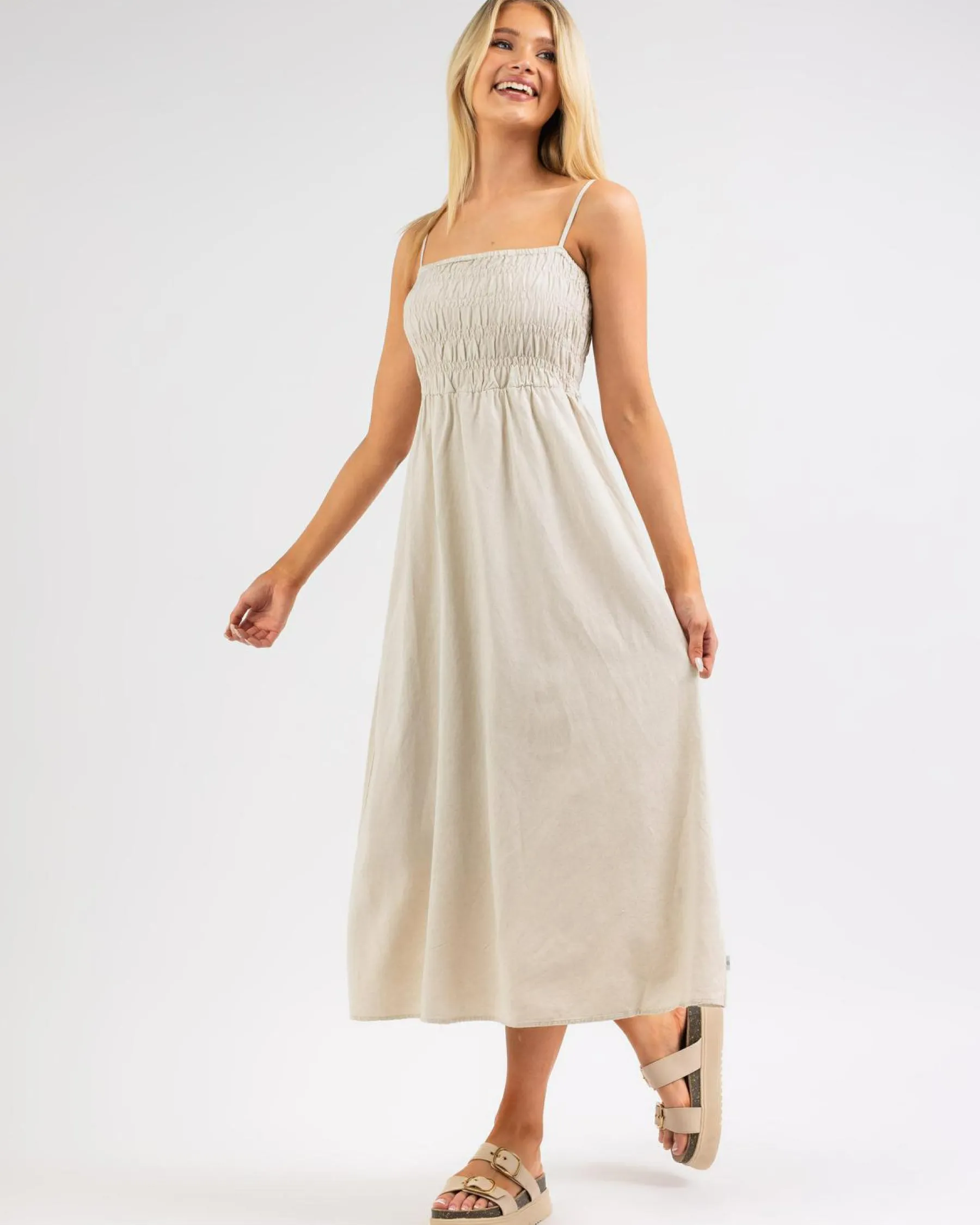 Sale Classic Shirred Midi Dress Women Linen Blend|Dresses