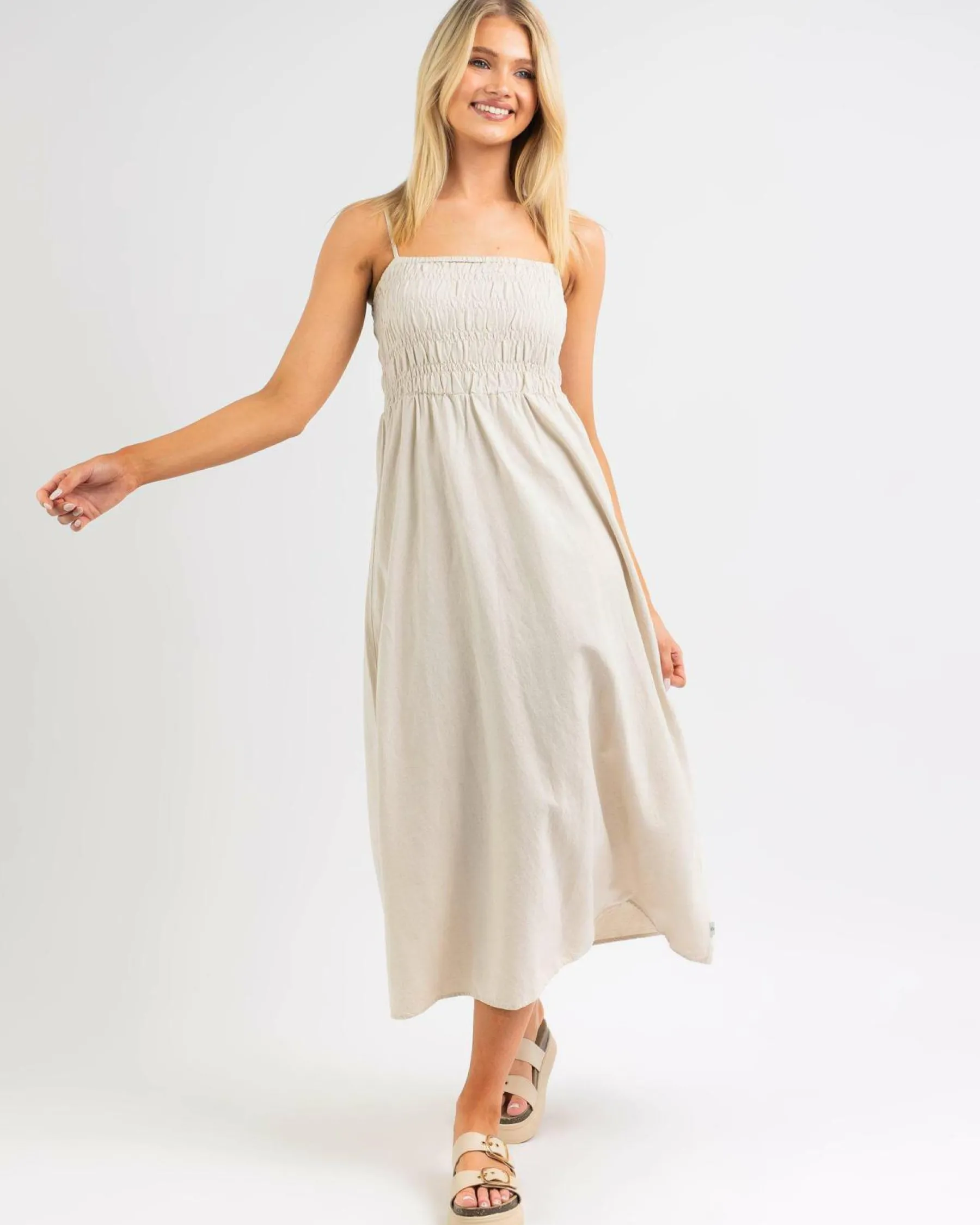 Sale Classic Shirred Midi Dress Women Linen Blend|Dresses