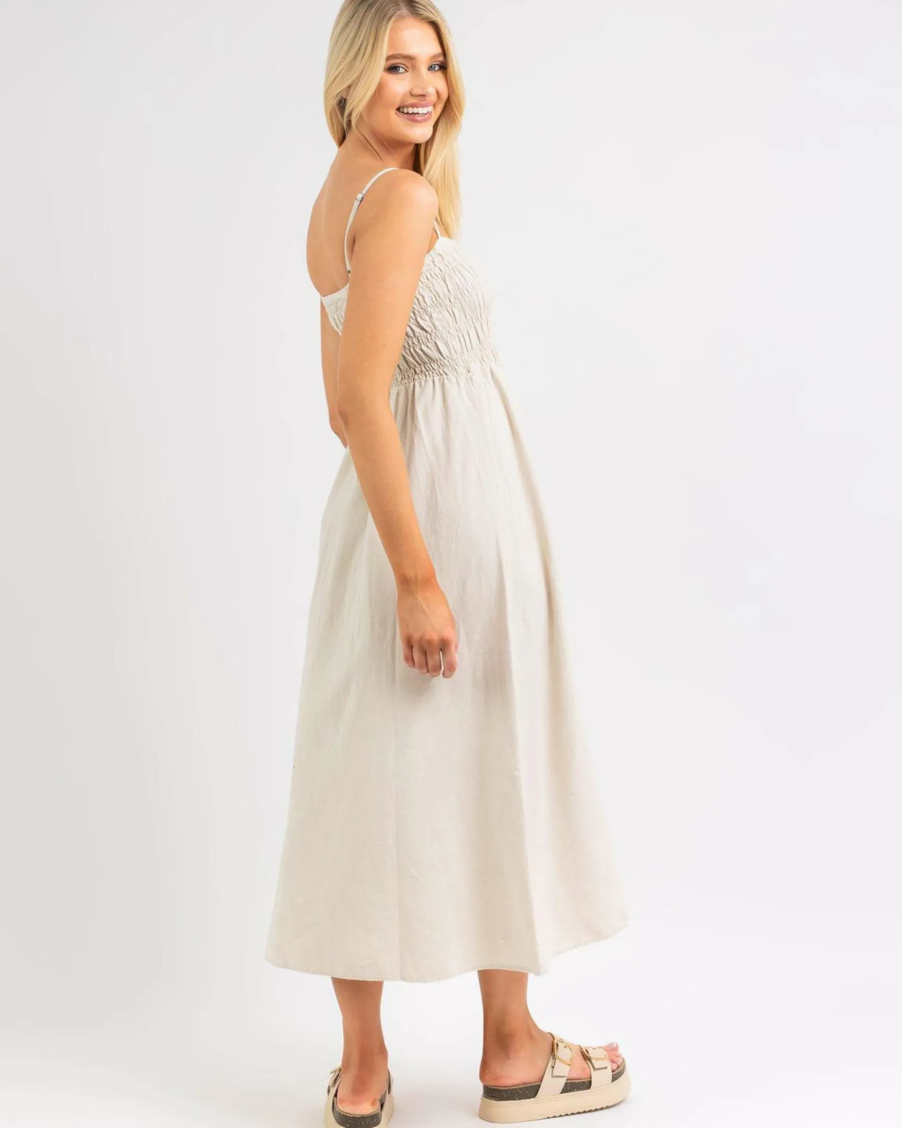 Sale Classic Shirred Midi Dress Women Linen Blend|Dresses