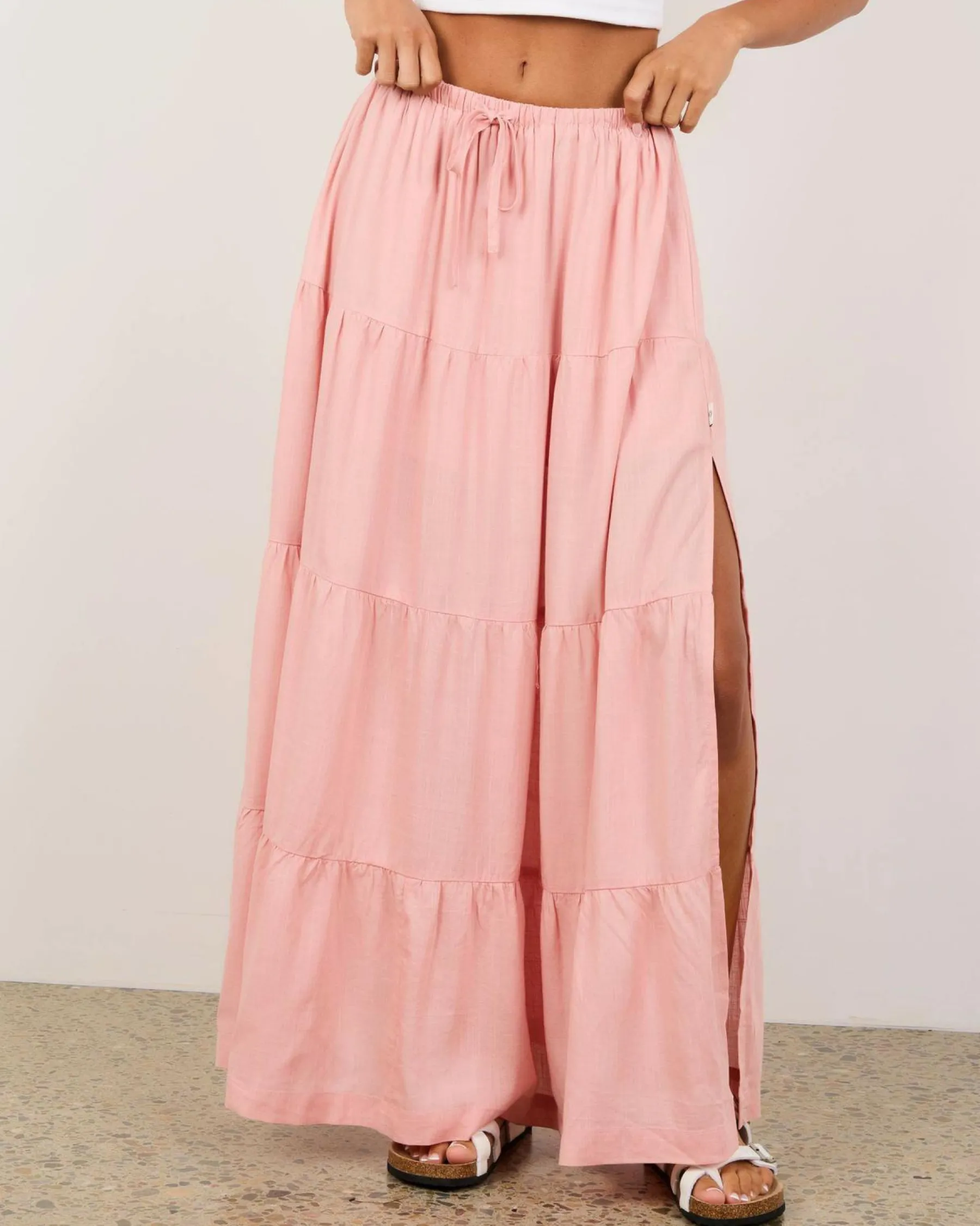 Linen Blend|Bottoms*Rhythm Classic Tiered Maxi Skirt Rose