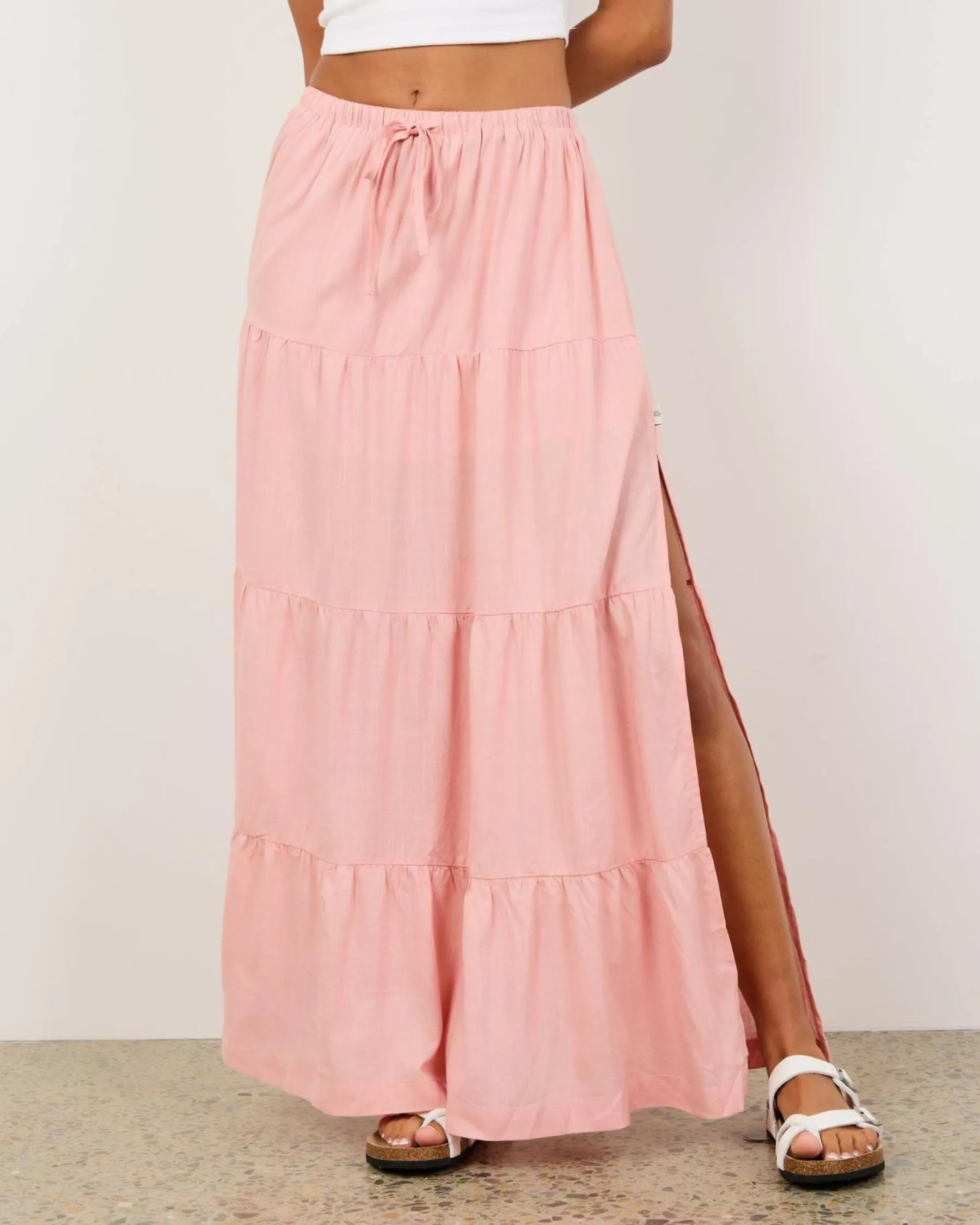 Linen Blend|Bottoms*Rhythm Classic Tiered Maxi Skirt Rose