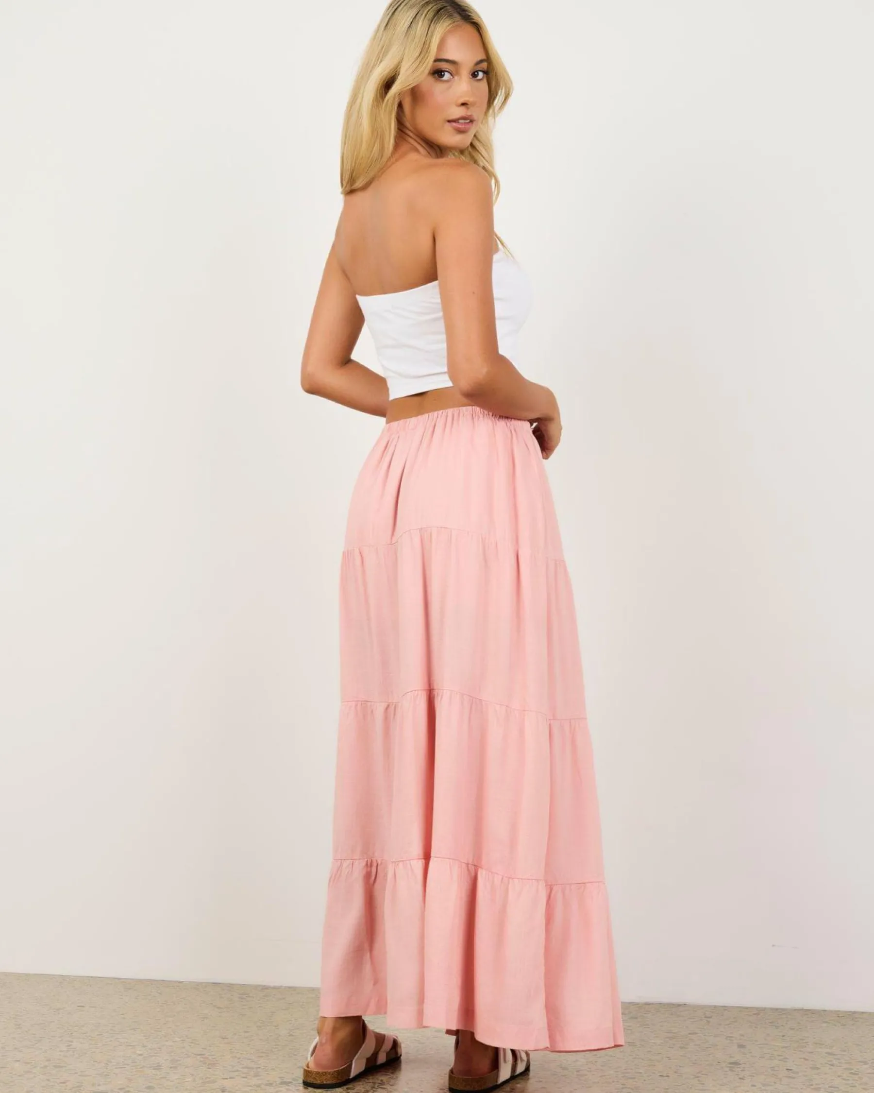 Linen Blend|Bottoms*Rhythm Classic Tiered Maxi Skirt Rose