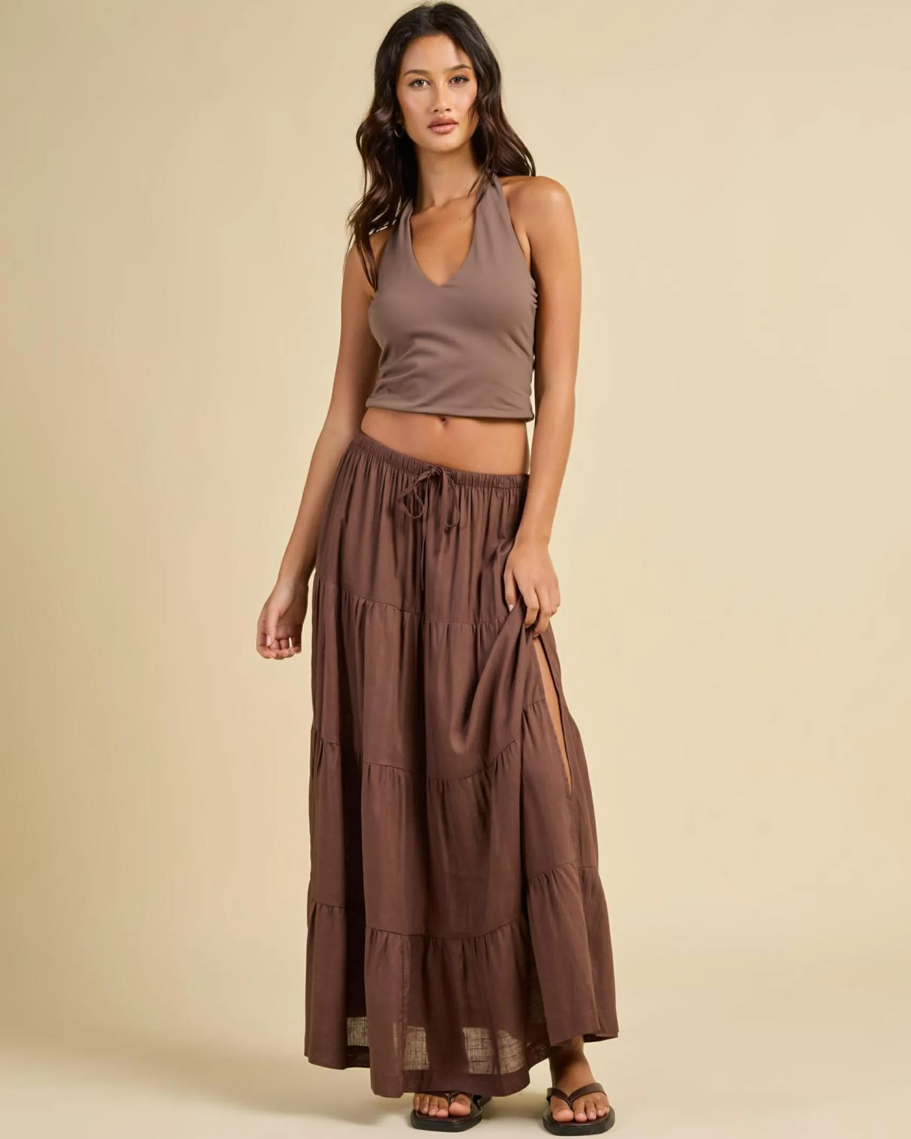 Linen Blend|Bottoms*Rhythm Classic Tiered Maxi Skirt Chocolate