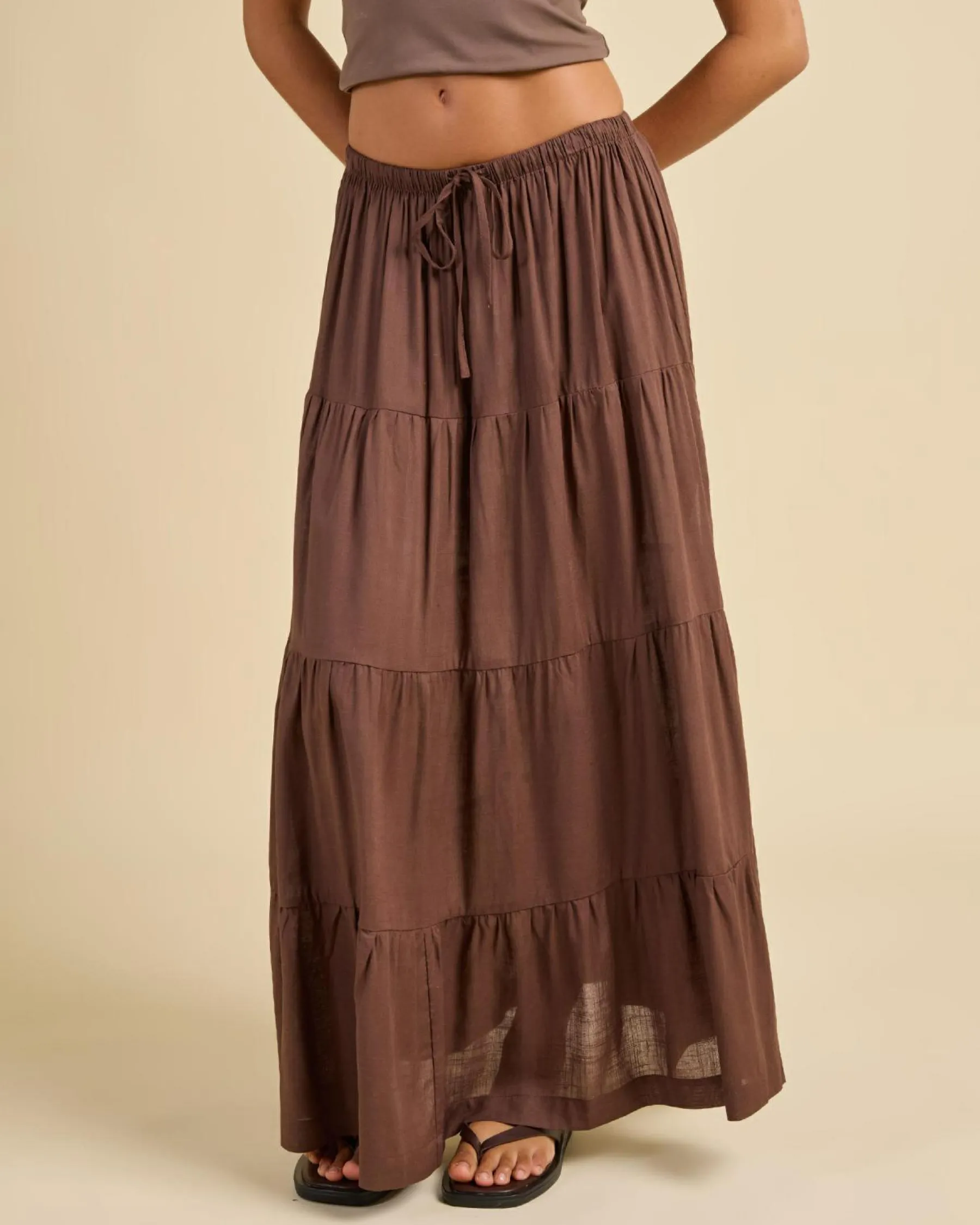 Linen Blend|Bottoms*Rhythm Classic Tiered Maxi Skirt Chocolate