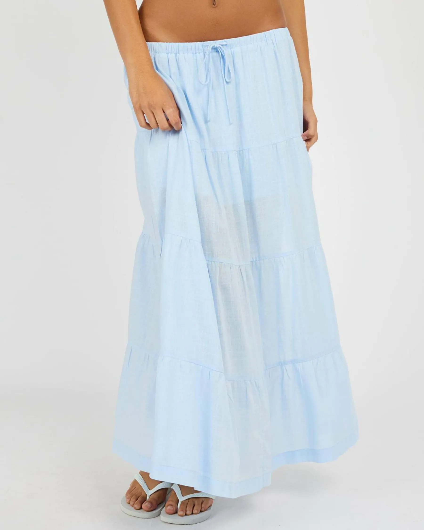 Linen Blend|Bottoms*Rhythm Classic Tiered Maxi Skirt Blue