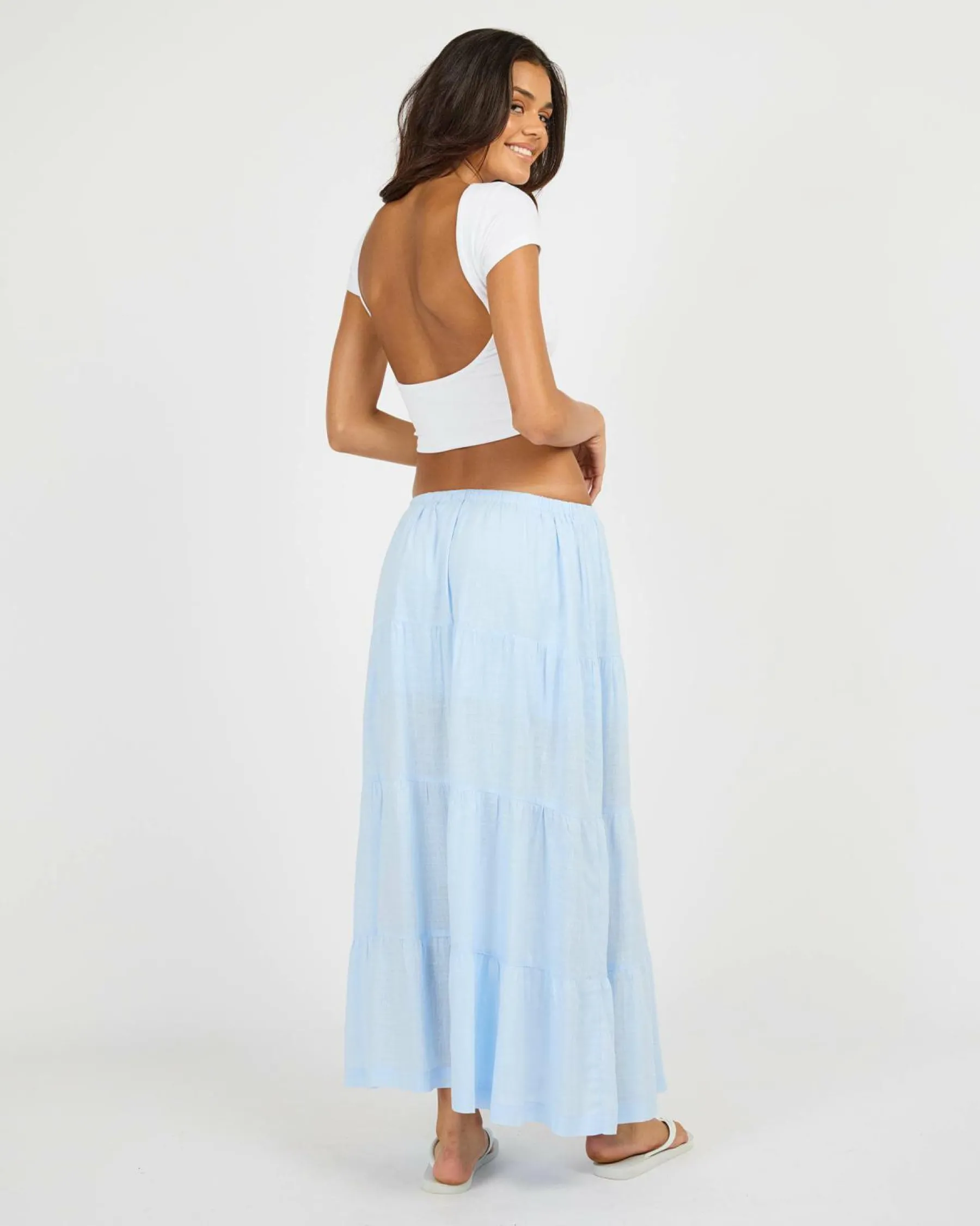 Linen Blend|Bottoms*Rhythm Classic Tiered Maxi Skirt Blue