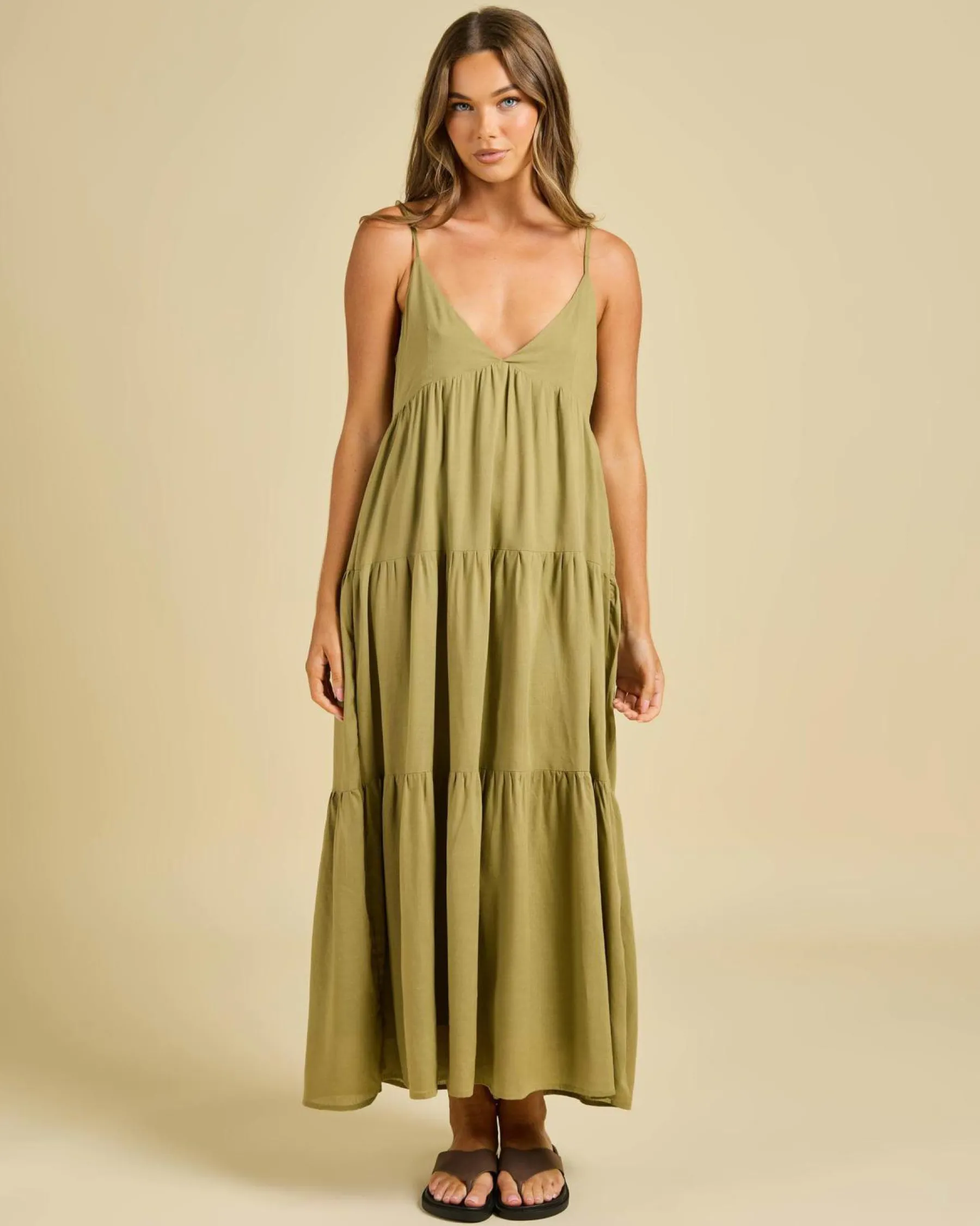 Linen Blend|Dresses*Rhythm Classic Tiered Midi Dress Olive