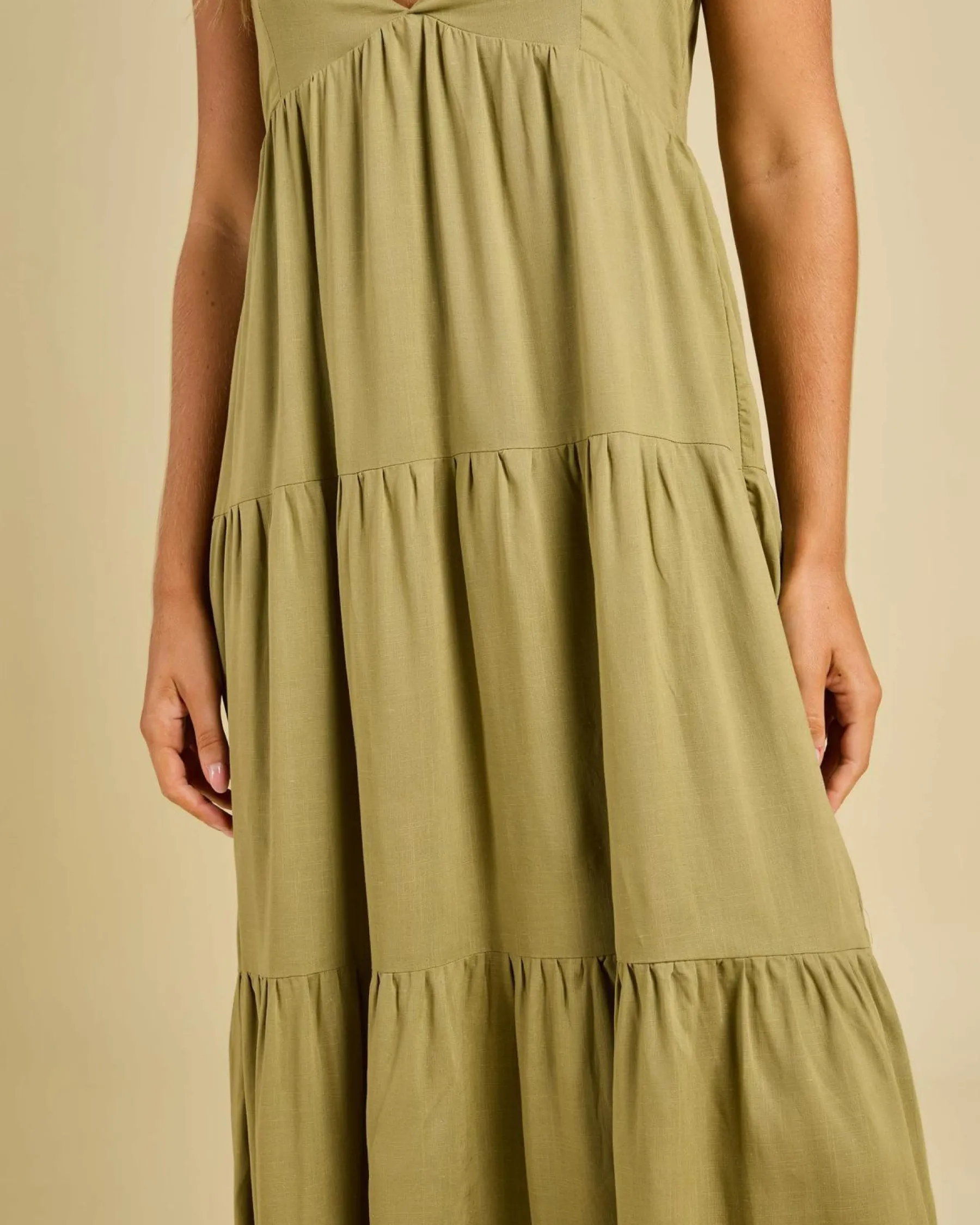 Linen Blend|Dresses*Rhythm Classic Tiered Midi Dress Olive