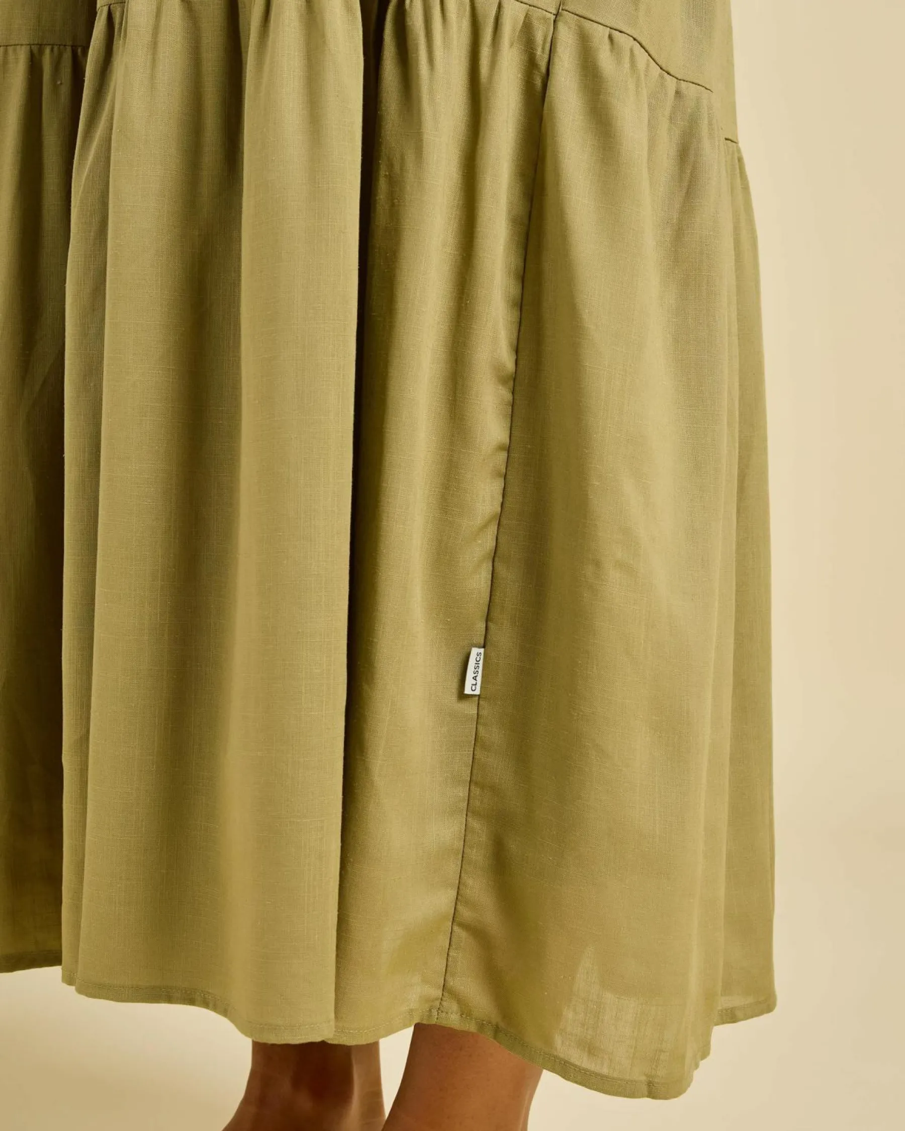 Linen Blend|Dresses*Rhythm Classic Tiered Midi Dress Olive