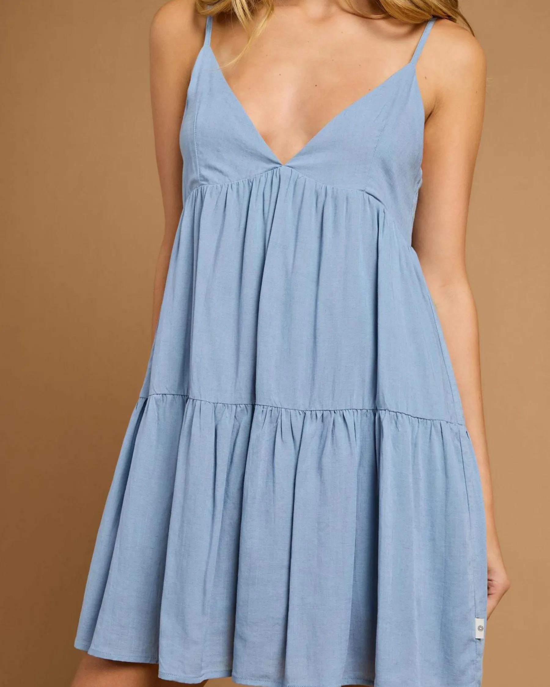 Linen Blend|Dresses*Rhythm Classic Tiered Mini Dress Steel Blue