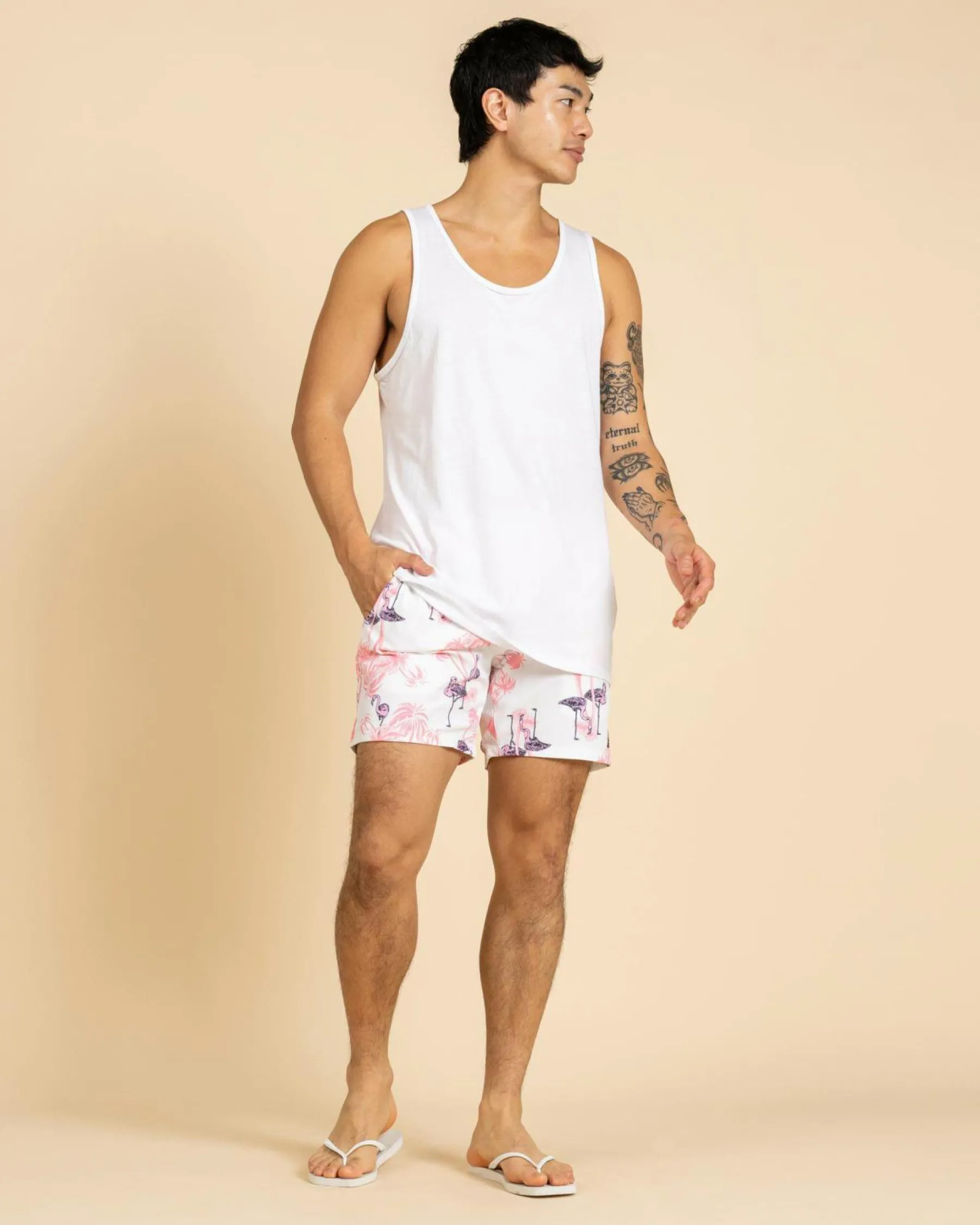 Board Shorts|Shorts & Bottoms*Lucid Feather Elastic Waist Shorts White/ Pink