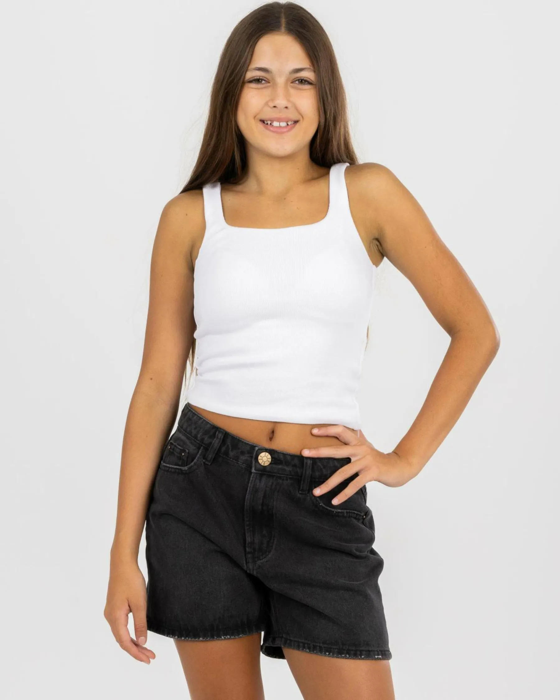 Tops*Mooloola Girls' Basic Square Neck Rib Tank Top White