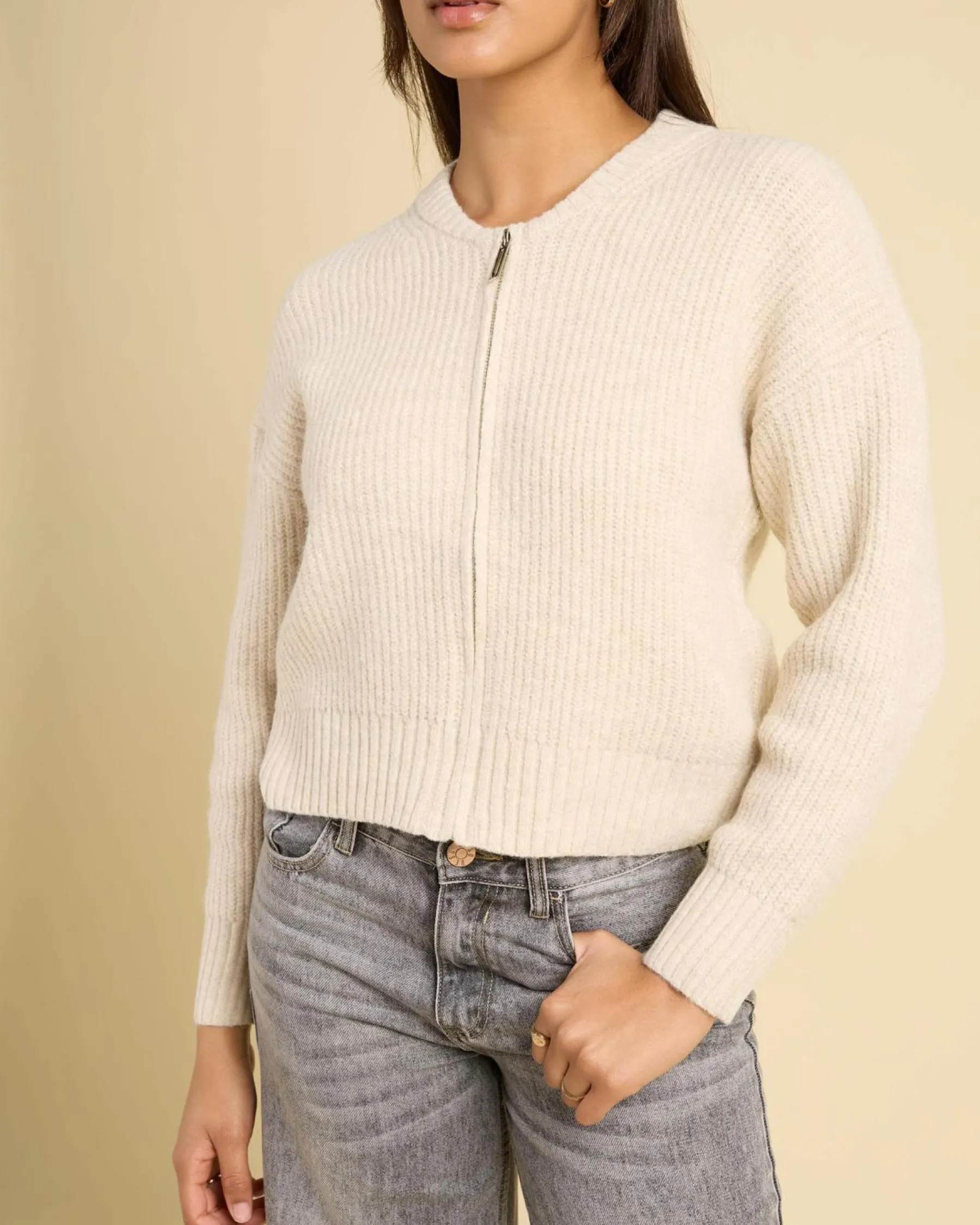 Jackets & Coats*Into Fashions Junie Zip Knit Natural