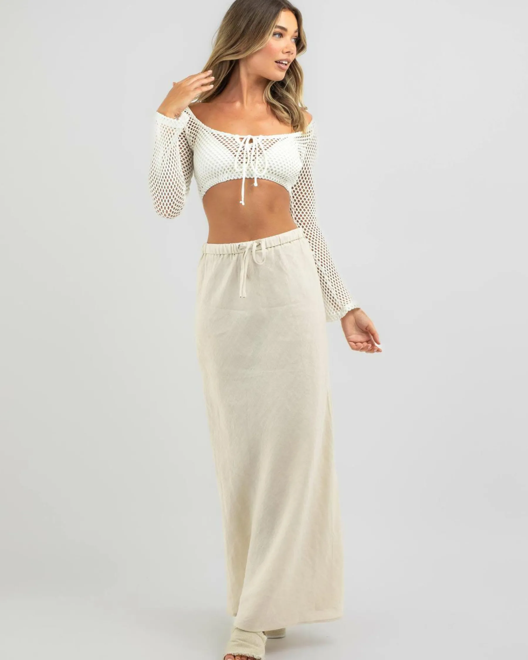 Tops*Ava And Ever Layla Crochet Tie Up Long Sleeve Top White