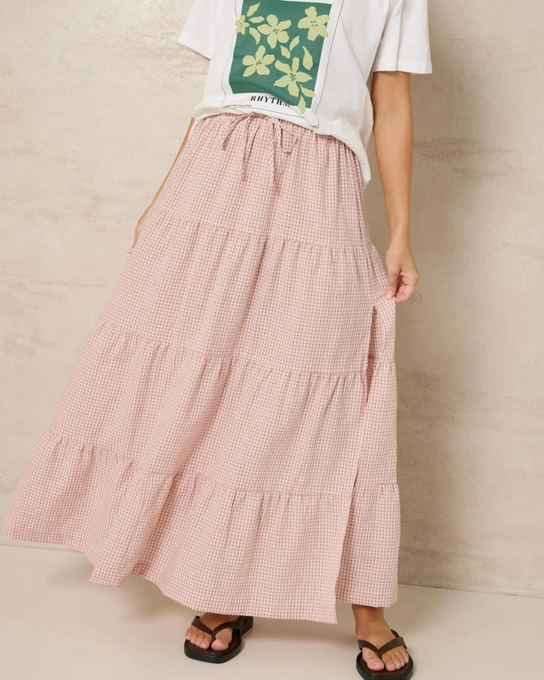 Bottoms*Rhythm Lola Checked Tiered Maxi Skirt Dusty Pink
