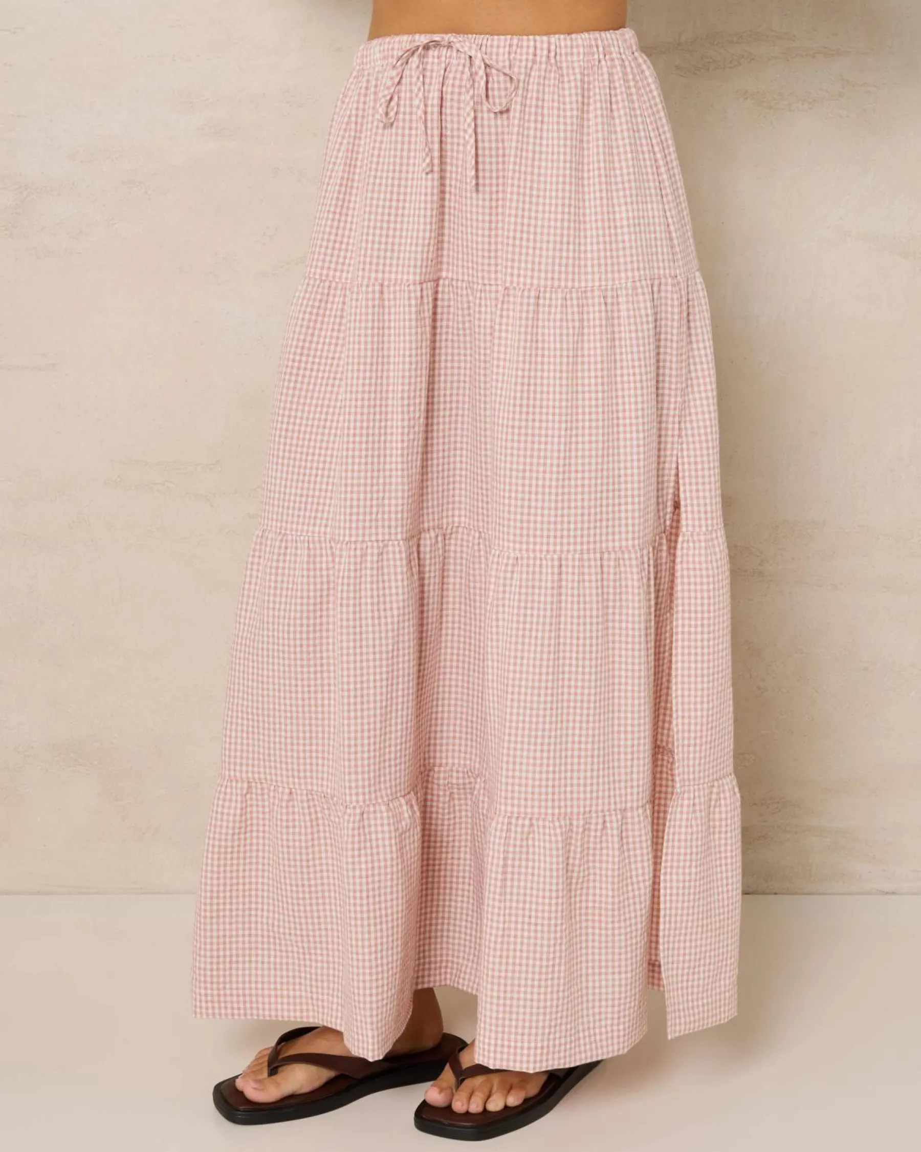 Bottoms*Rhythm Lola Checked Tiered Maxi Skirt Dusty Pink