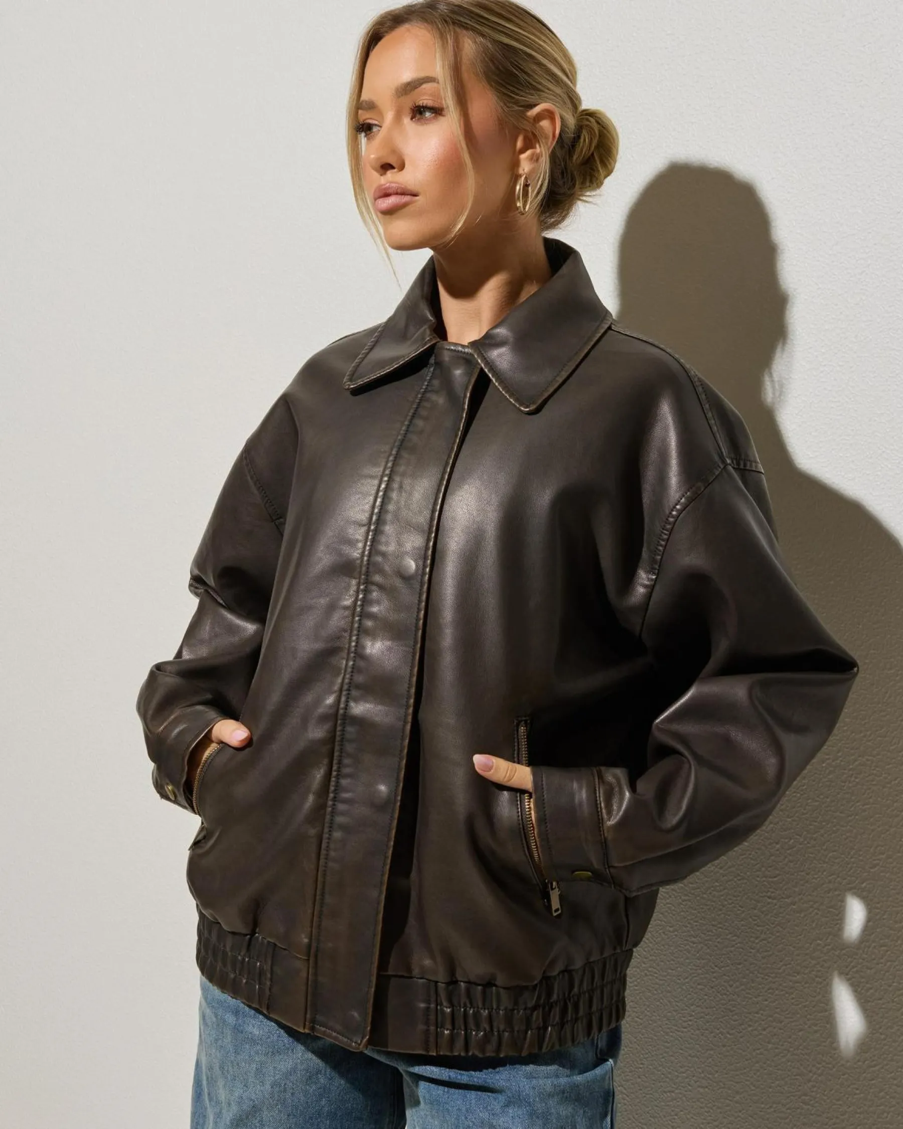 Jackets & Coats*Ava And Ever Maverick Faux Leather Bomber Jacket Vintage Brown