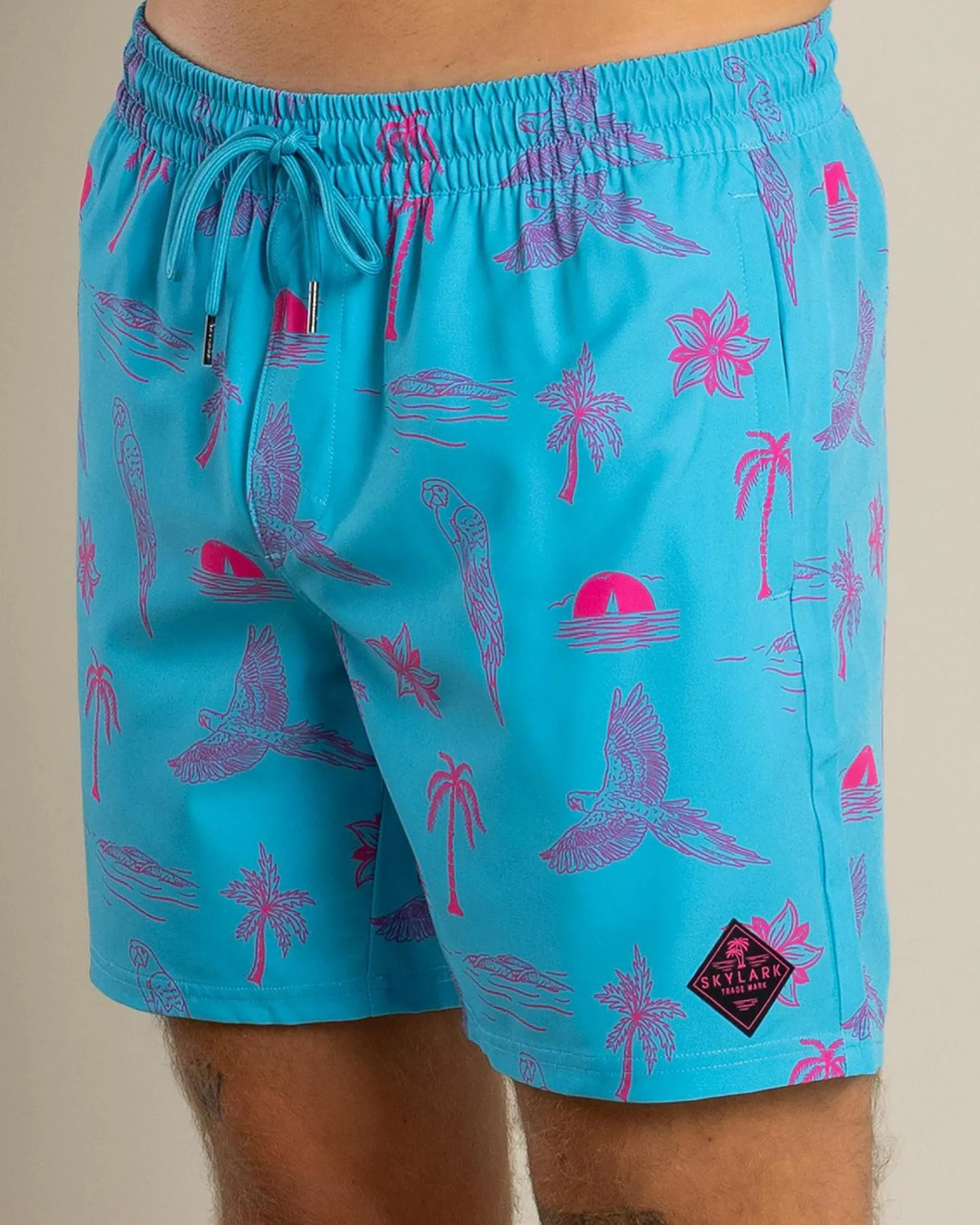 Board Shorts|Shorts & Bottoms*Skylark Recline Elastic Waist Shorts Cyan/pink