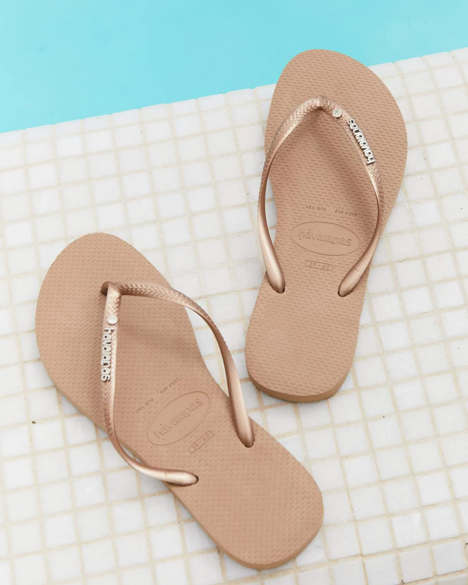 Flip Flops*Havaianas Slim Metal Crystal Thongs Rose Gold