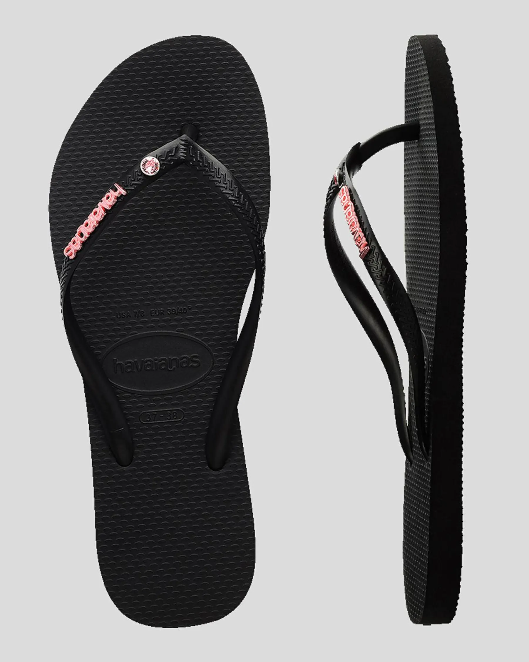Slim Metal Logo Crystal Thongs Women Flip Flops