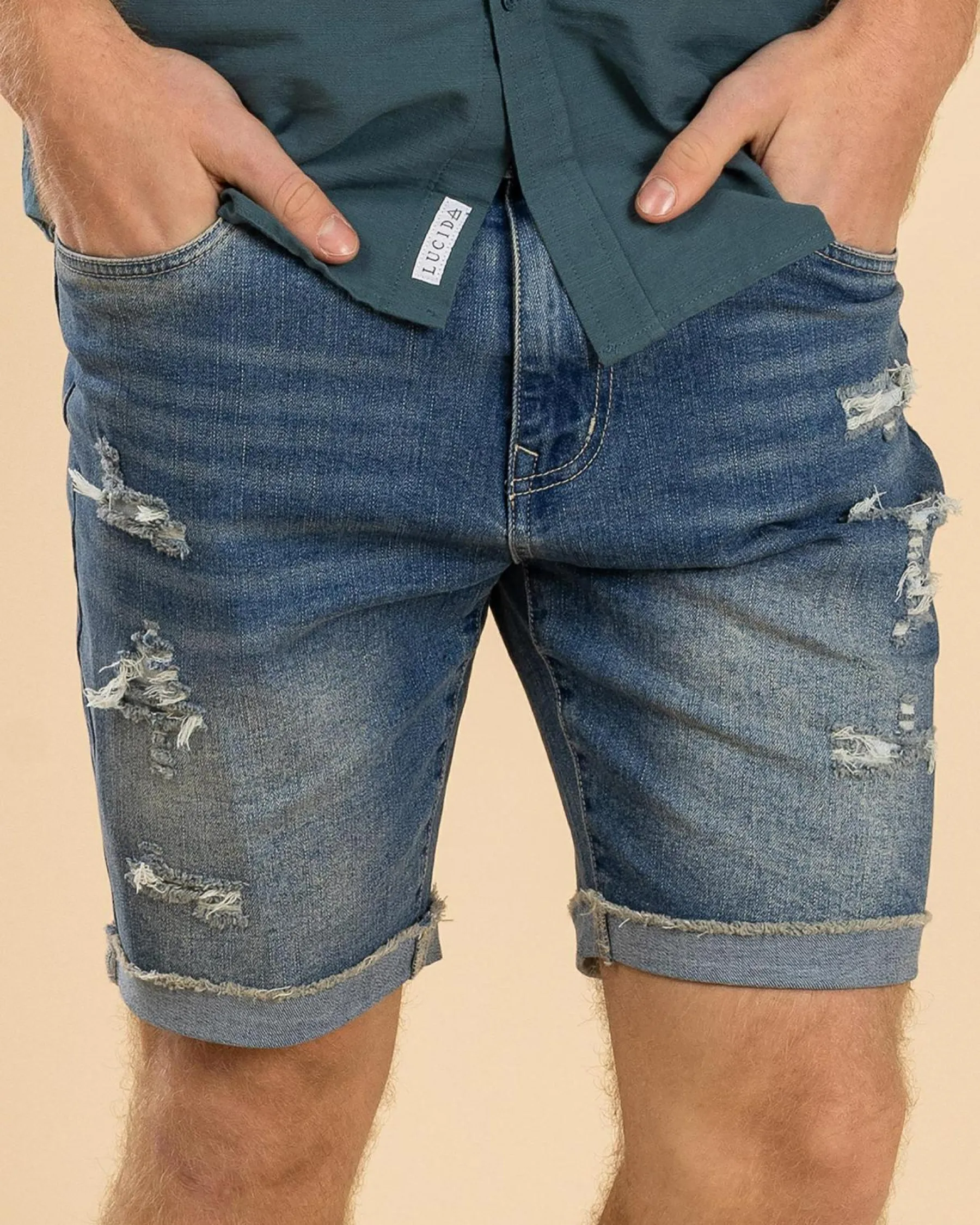 Denim|Shorts & Bottoms*Lucid Torn Denim Walk Shorts Mid Blue
